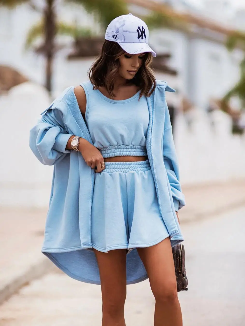 Women\'s Three-piece Fashionable Casual Solid Color Lapel Coat Wide-leg Shorts Vest Three-piece Suit