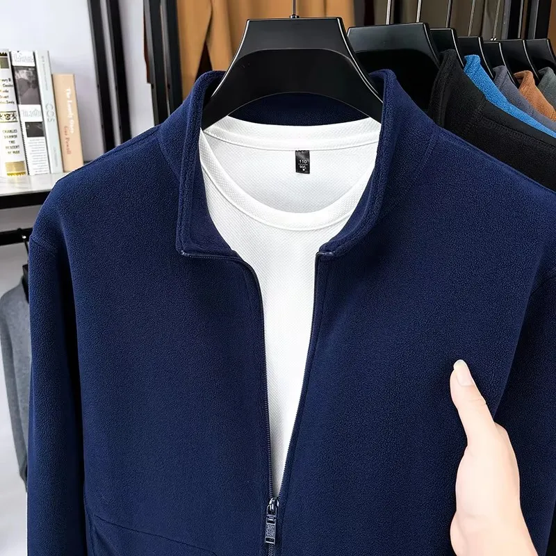 

High quality solid color men's cardigan fashion stand up collar warmth plush thicken pockets autumn winter casual jacket coat