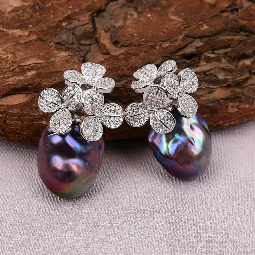 

GG Cultured Black Keshi Pearl Cz Pave Flower Stud Dangle Baroque Pearl Earrings