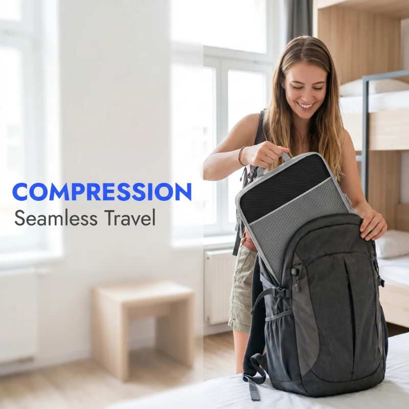 

Lightweight Portable Travel Packing Cubes 5PCS Compressed Storage Set with Shoe Bag Mesh Luggage Organizer