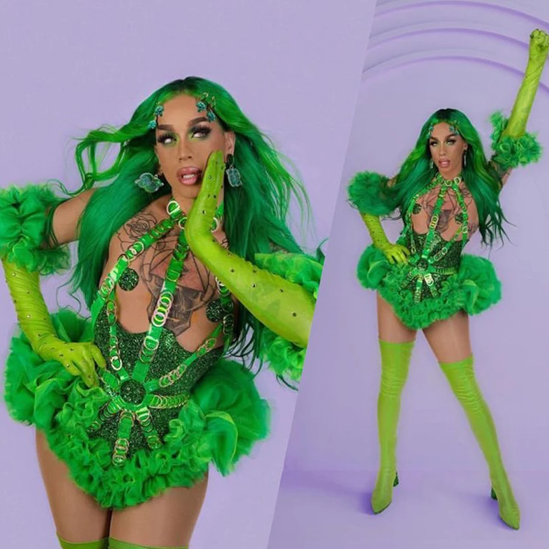 

Specially Exaggerated Green Lace Strap Ruffle Dress Wigs Set Pole Dance Clothes Gogo Dancer Costume Nightclub Dj Ds Rave Outfit