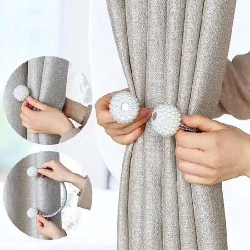 2/4 Pcs Pearl Magnetic Curtain Tie Back Clips, Decorative Curtain Holders with Hanging Ball