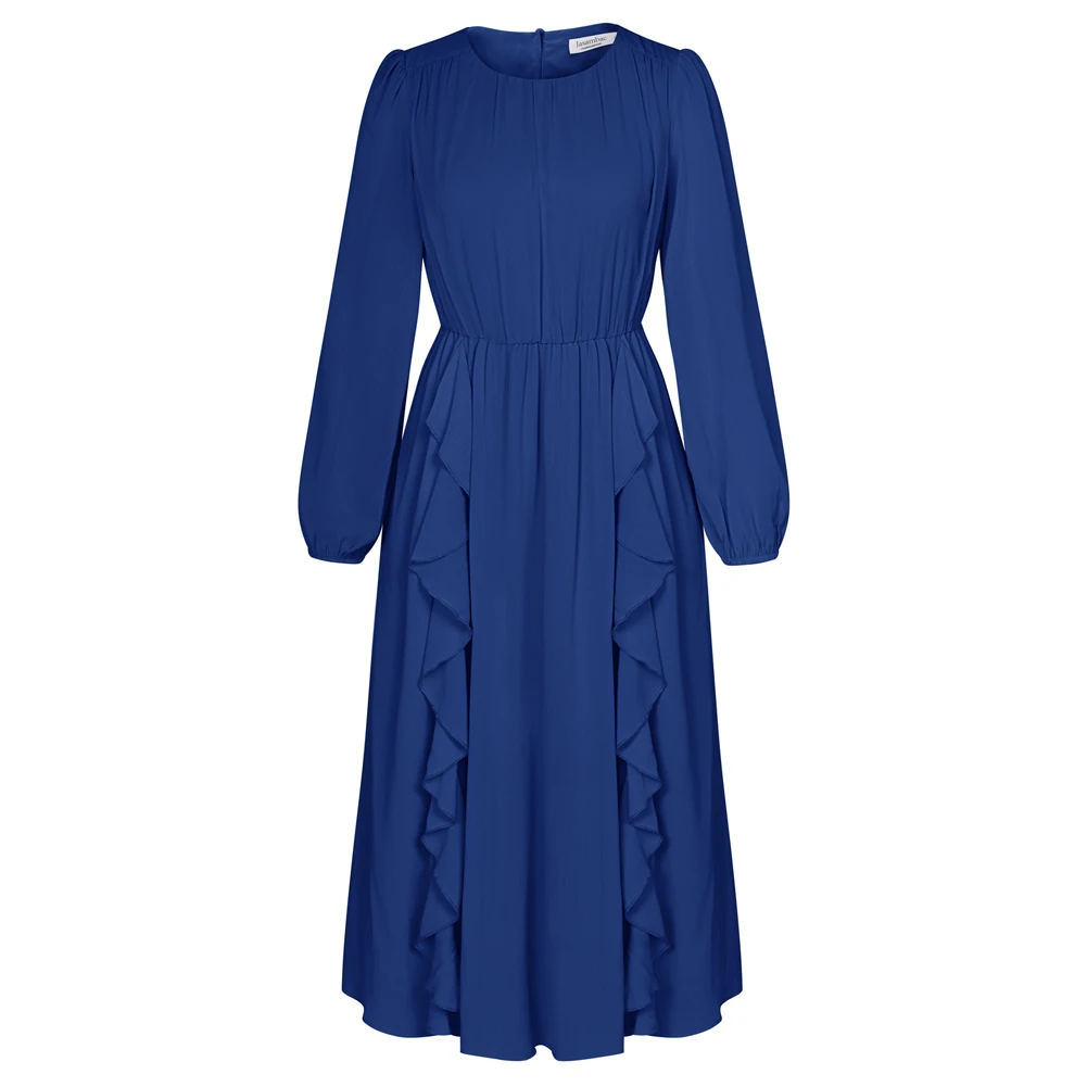 Jasambac Women Elastic Waist Dress Long Sleeve Crew Neck Ruched A-Line Dress