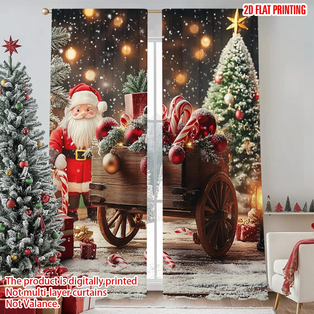 

2pcs 2D flat printing Christmas Window Drapes Christmas red gift wagon Versatile 100% Polyester Without Electricity Versatile