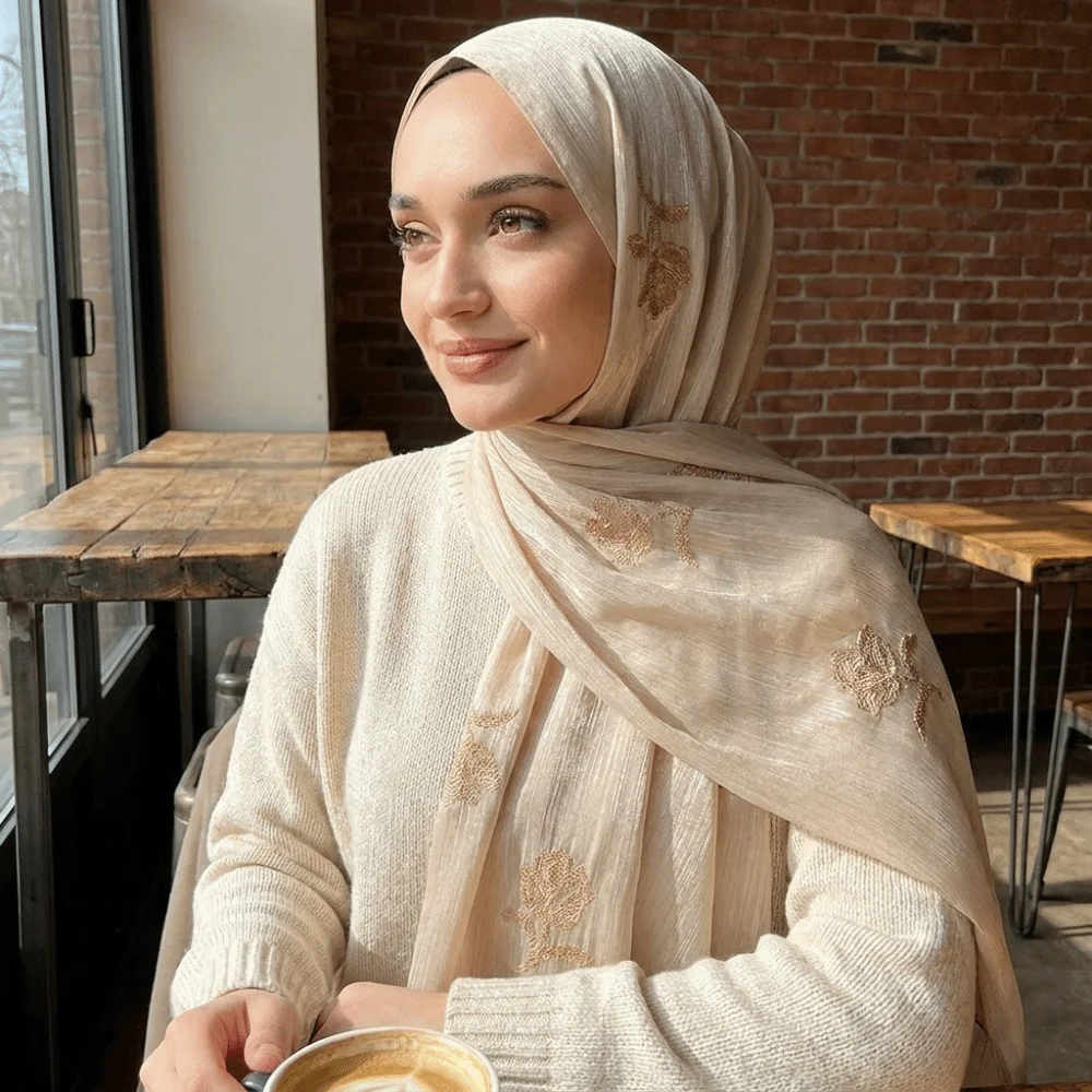 

Soft Pleated Long Scarf Wrap Plain Flower Embroidery Elegant Shawl Headscarf Turban Lightweight Premium Hijab Shawl Daily Wear