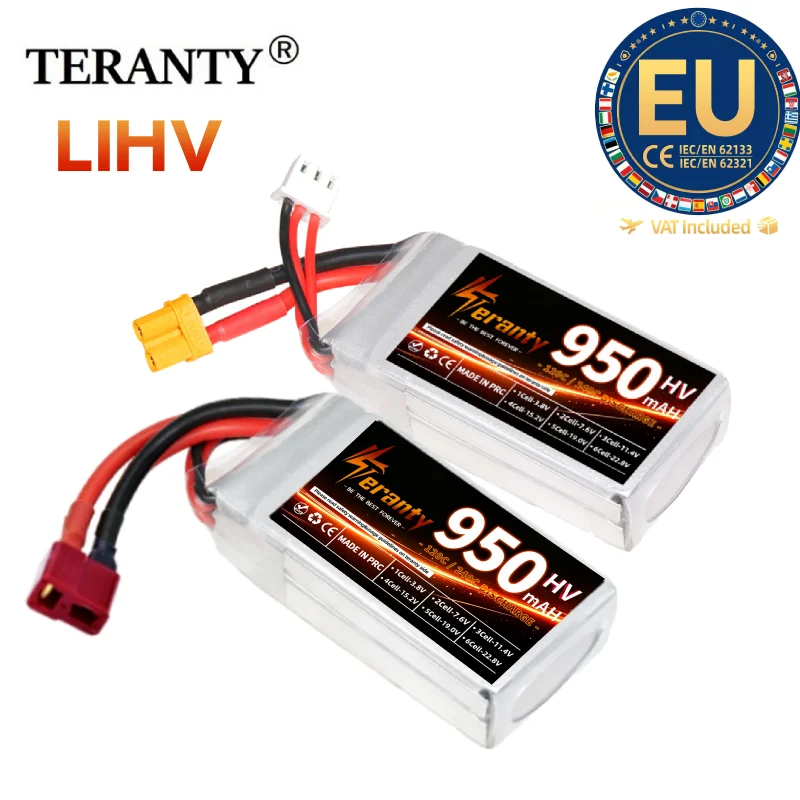 2S HV 7.6V Teranty 950mAh 120C High Discharge LiPo Battery T XT30 XT60 JST‑Plug For FPV Racing Football Drone RC Multirotor