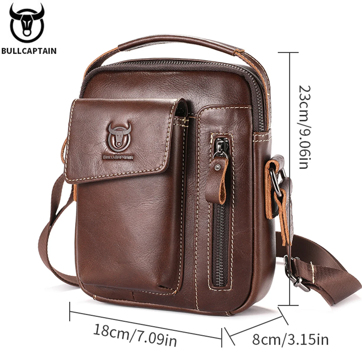 BULLCAPTAIN Casual Fashion Men\'s Messenger Bag\'s Business Portable Handbag Man Leather Shoulder Bag Mobile 6.5\'\' Phone Bags