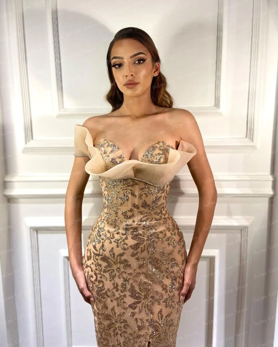 Strapless 샴페인 이브닝 드레스 스팽글 여성 의류 슬릿 스트레이트 칵테일 드레스 바닥 길이 럭셔리 드레스 2023