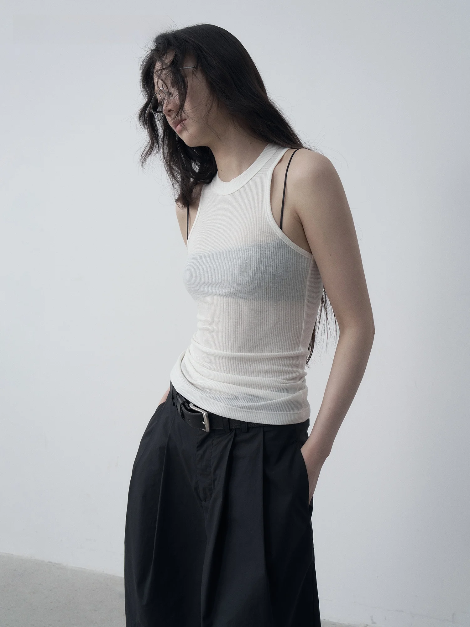 

VERMO Linen Blend High Elasticity Soft Semi-Transparent Slim Fit Base Layer Vest Original Design Women's Fashion