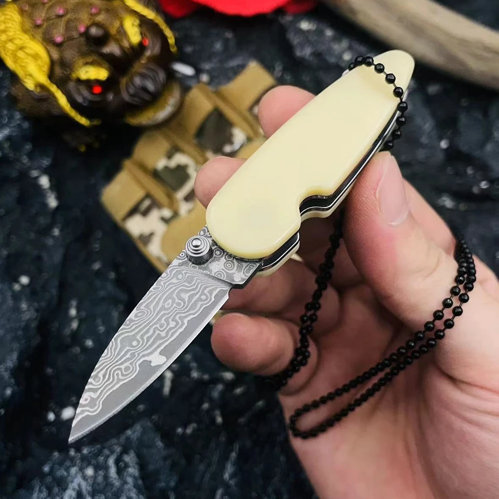 Mini Damascus Pocket Knife For Men EDC Resin Handle Folding Survival Knife Small Keychain Package Opener Box Cutting Knives