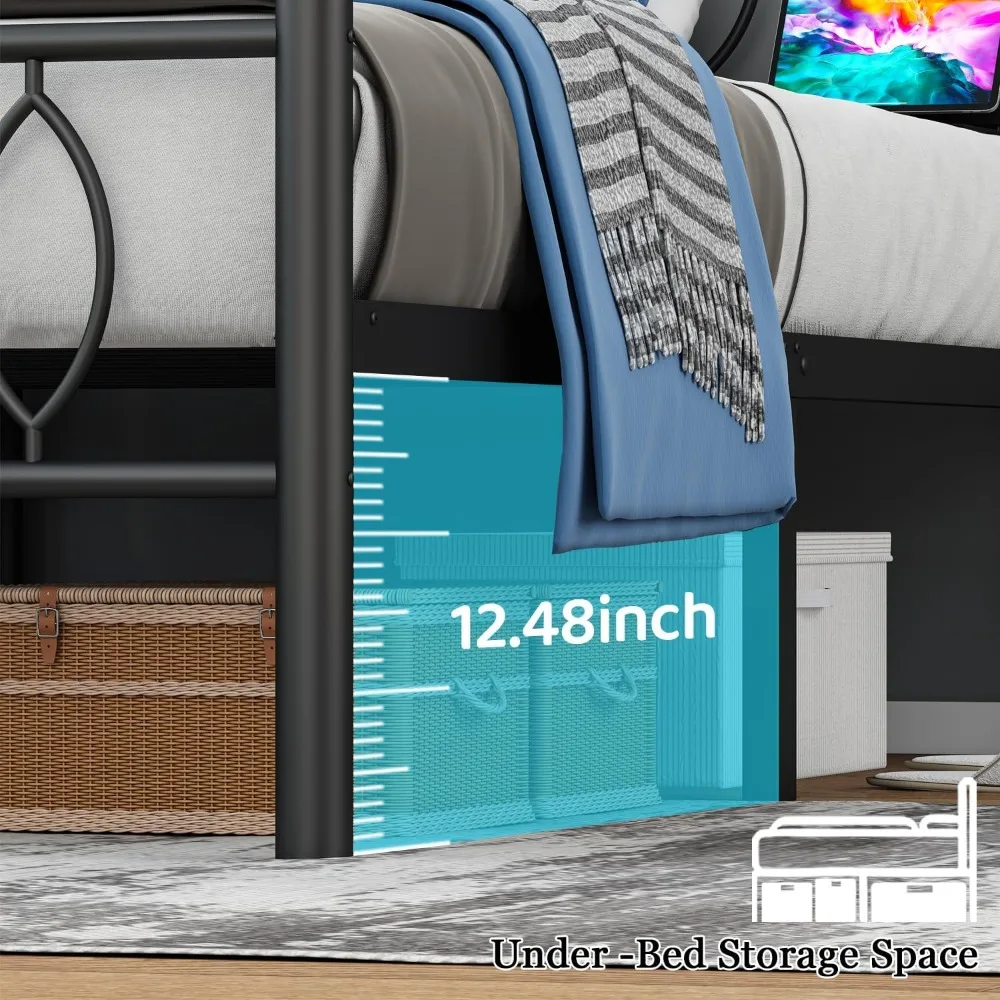 Twin Size Metal Bed Frame with Headboard, Charging Station, LED Lights, 12-Inch Under Bed Storage, Black Platform Bed Frame