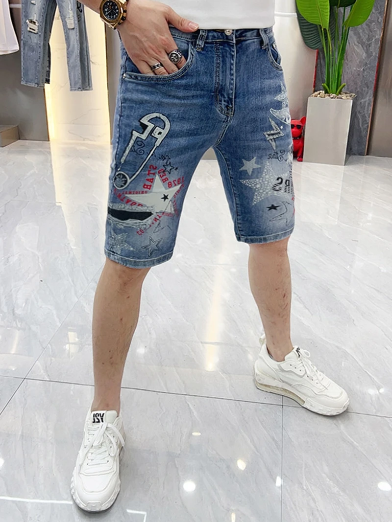 

Slim Fit Lightweight Summer New Men's Denim Shorts Printed Trendy Five-Quarter Casual Pants Youth Popular mid Waist Zipper