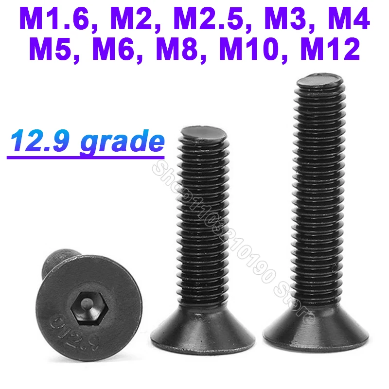 Tornillo hexagonal de cabeza plana avellanada, 1-100 piezas, color negro, grado 12,9, M1.6, M2, M2.5, M3, M4, M5, M8, M10, M12, DIN7991