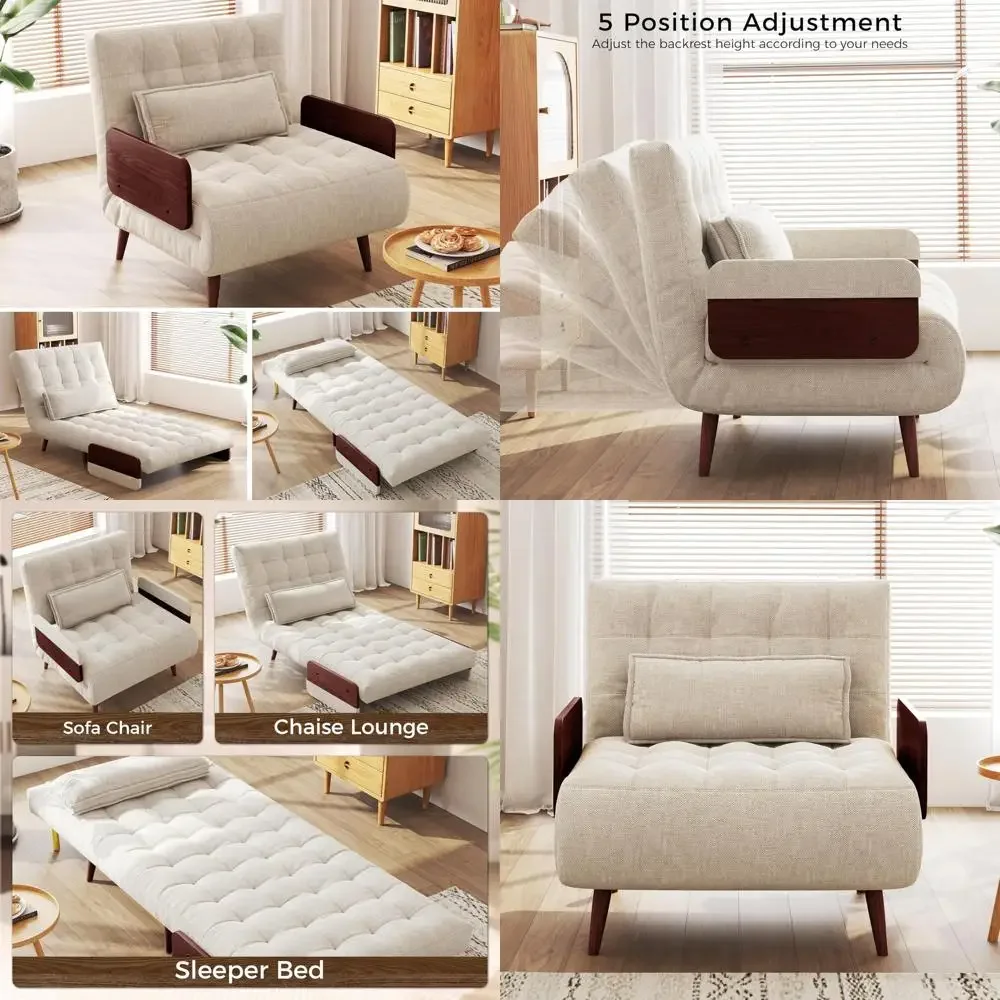 Adult Linen Convertible Chair Bed Sleeper with Wooden Arms and Pillows, Foldable Single Futon