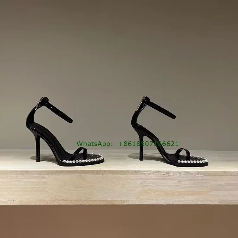 Sandales rondes noires pour femmes, décor de perles, Parker ouvert, fermeture à glissière au dos, talons aiguilles pour dames