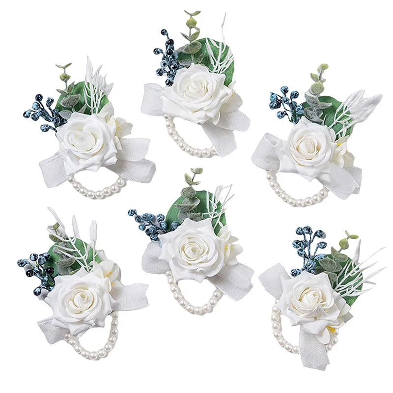 6PCS Men Buttonhole Boutonniere Prom Wedding Accessories Wrist Corsage Artificial Flowers Party Graduation Ceremony Decoration