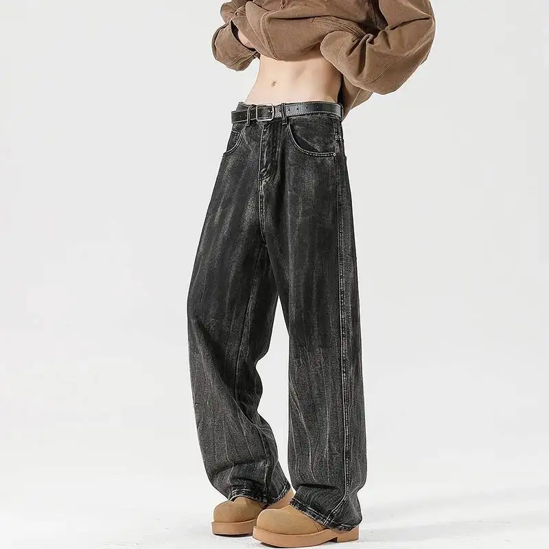 Streetwear Herren Distressed Jeans mit weitem Bein, Vintage-Jeanshose mit lockerer Passform und verblasster Waschung, lässige, bequeme, urbane Hose