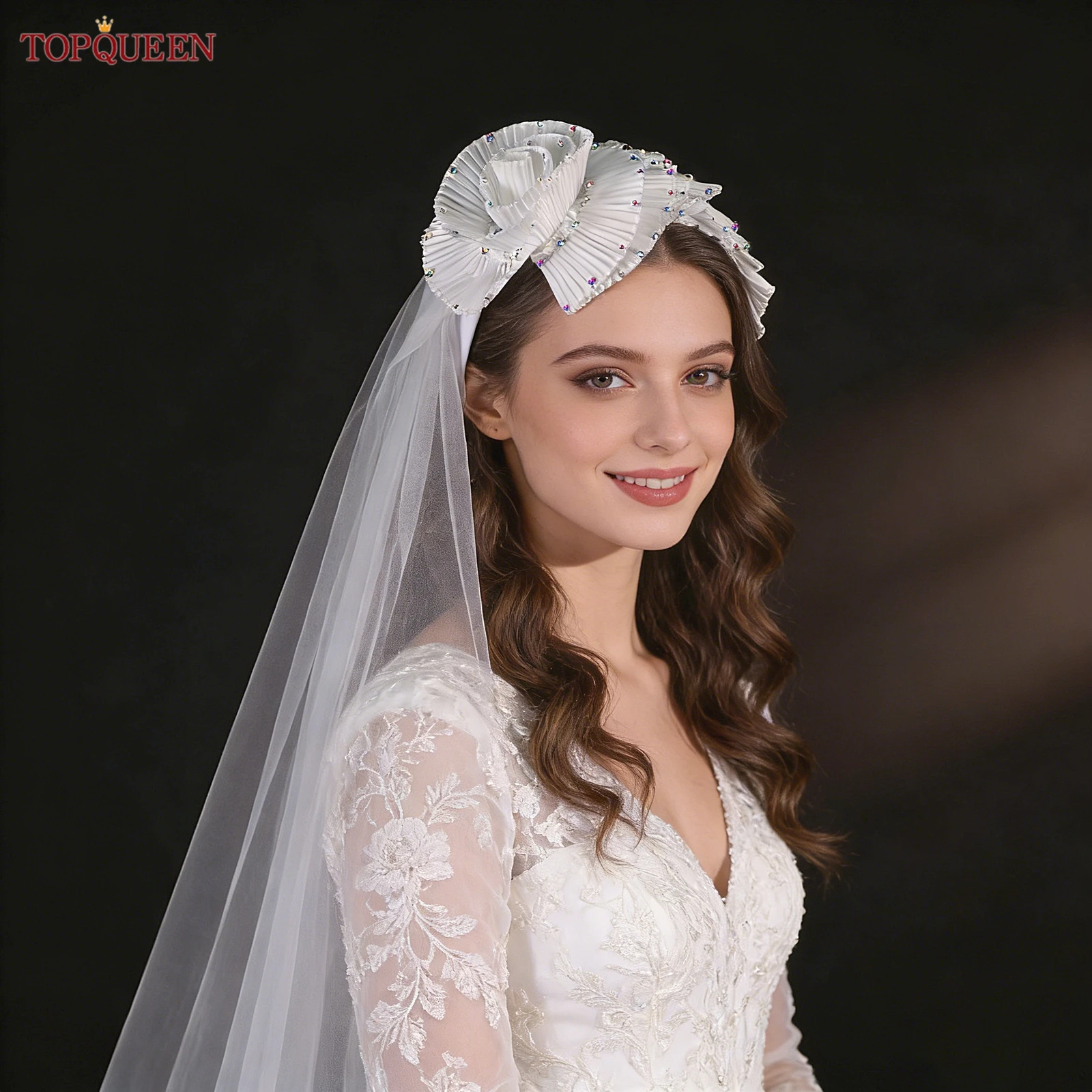 TOPQUEEN Headband Veil Integrated Bridal Veil With Three-Dimensional Pleated Design Embellished With Colorful Rhinestones V324