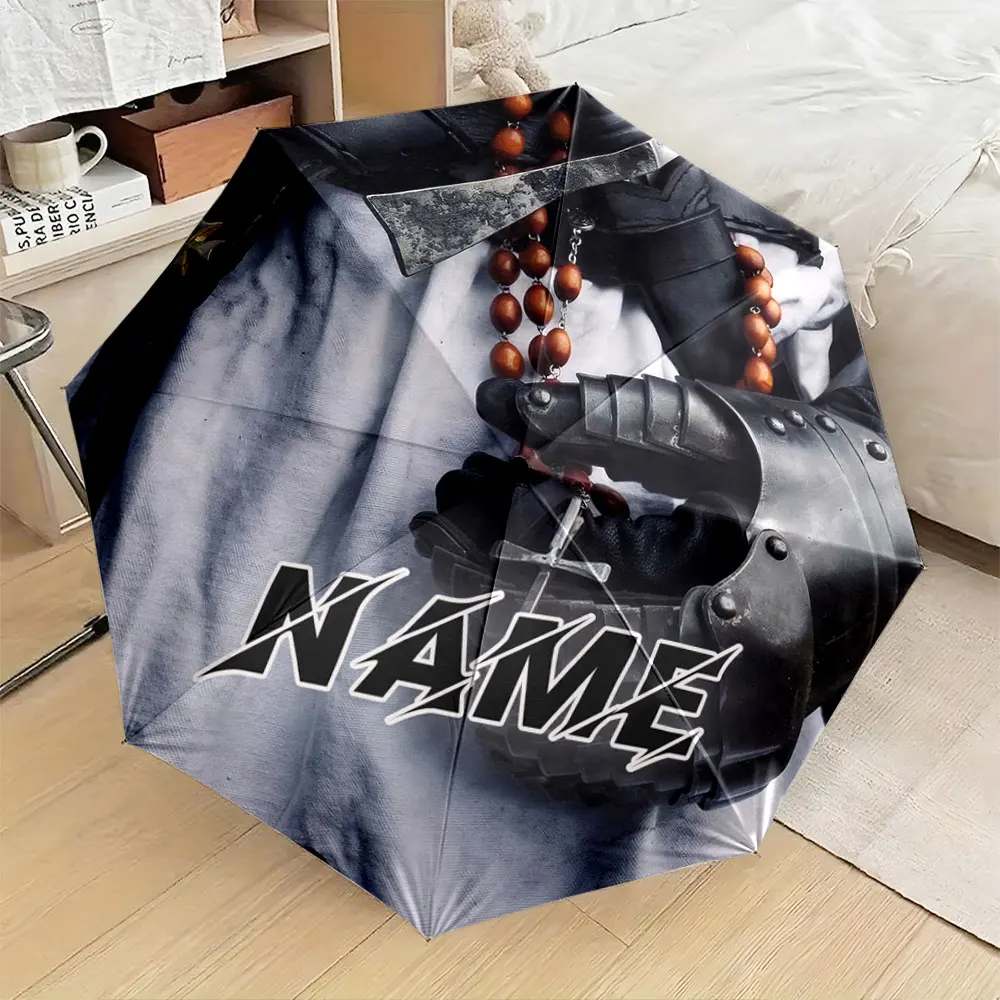 Custom Name Umbrella,Medieval Knight Armor Cross Rosary Art Print Folding Umbrella for Sunny and Rainy, Birthday Gift