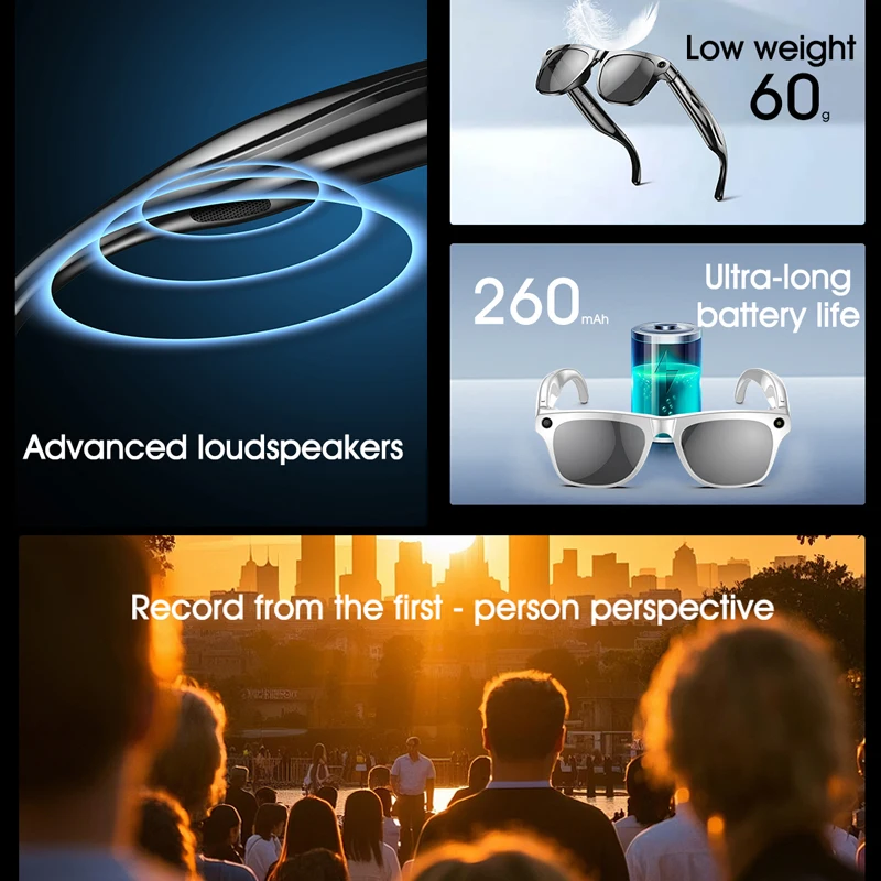 New 100W HD Camera Take Photos Smart Sunglasses AI Voice Assistant Stable 1080P Video Recording Smart Glasses 260mAh BT Calling