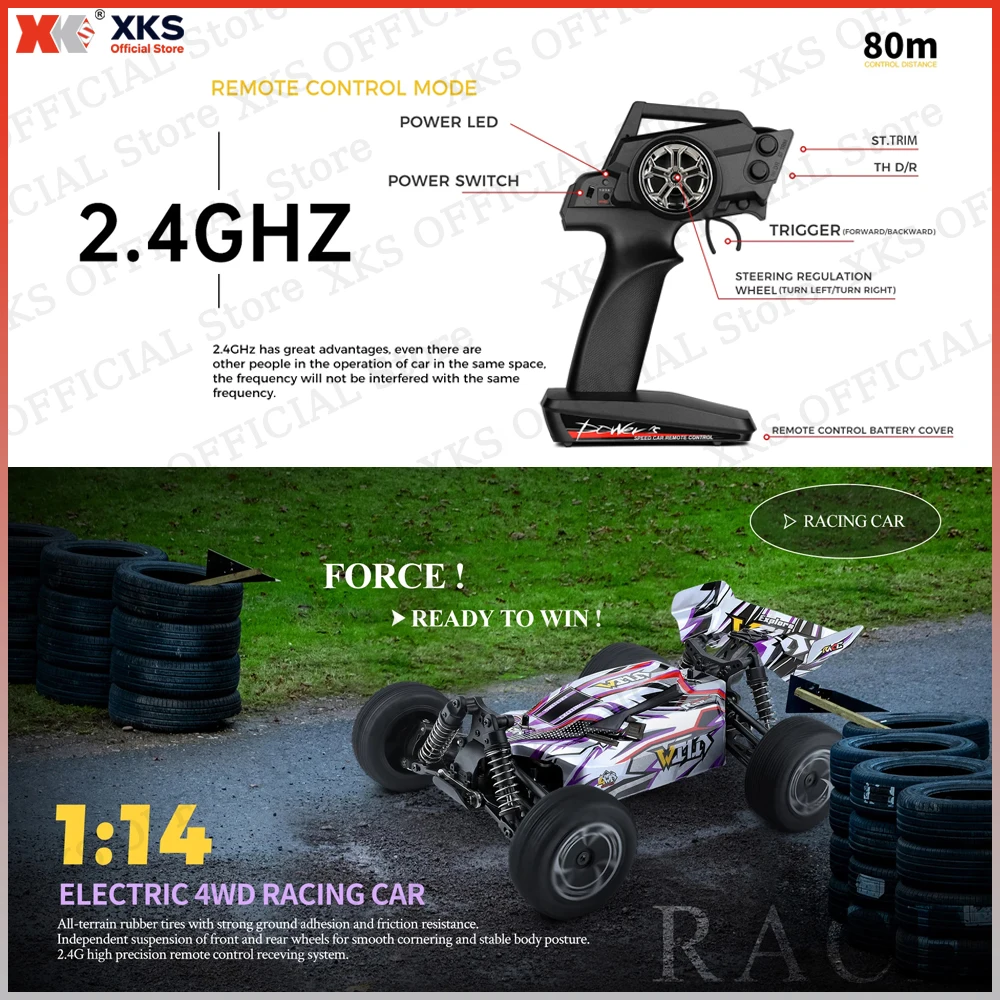 XKS WLtoys 144016 1/14 Scale RC Car 4WD 390 Motor 35KM/H High Speed 2.4G Remote Control Off-Road Drift Racing Toy for Kids
