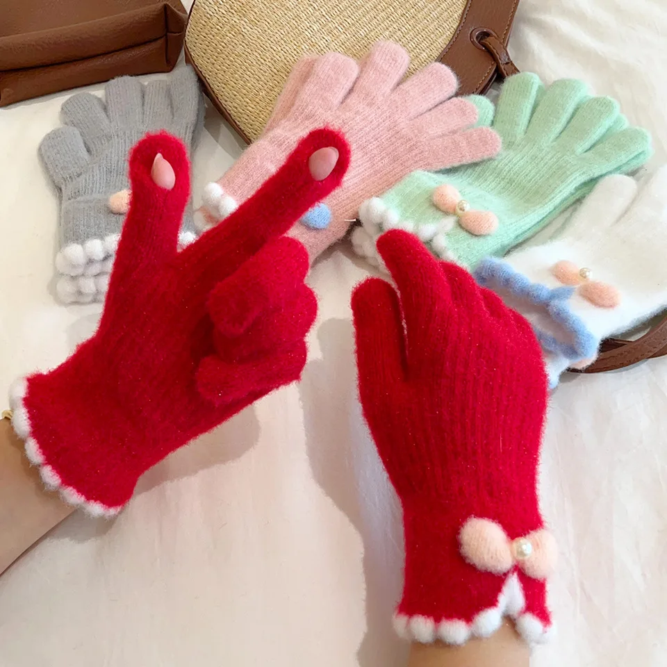 

Student Knitted Gloves Winter Lovely Sweety Bow Cold-proof Keep Warm Gloves High Elasticity Outdoors Soft Full-finger Gloves New