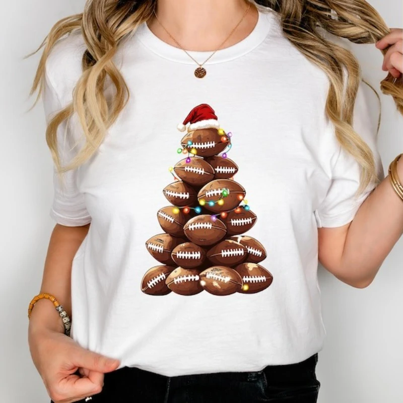 

High Quality Cotton Christmas Football Tree Casual Style Shirt - Santa Hat Sports Xmas T-Shirt Funny Shirt Football Lovers Gift