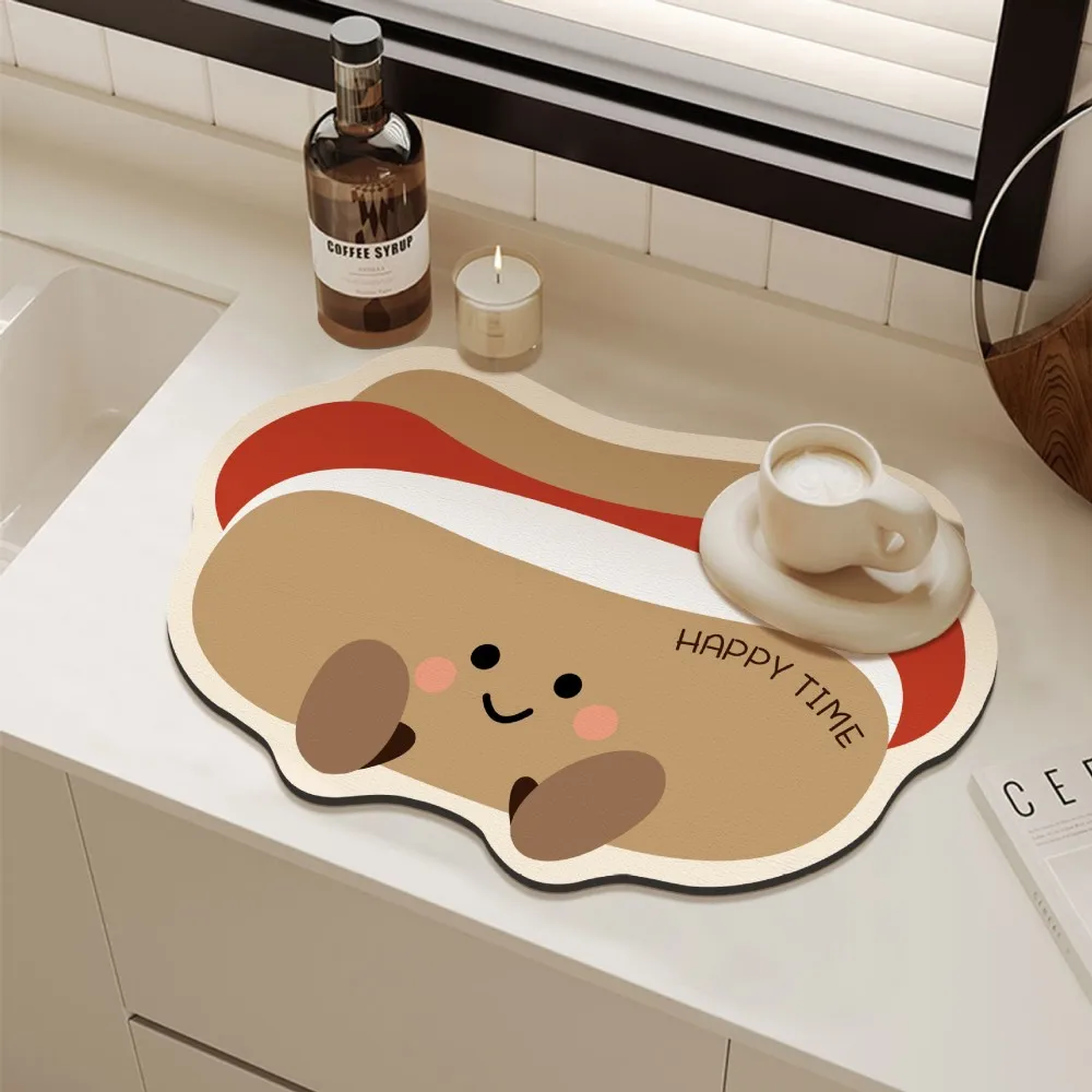 Cartoon Coffee Machine Mat, Diatomite Absorbent Quick-Dry Non-Slip Kitchen Sink Counter Rug, Durable Easy Clean Floor Decor