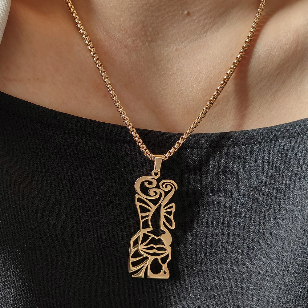 Abstract Lady Face Pendant Necklace 316L Stainless Steel 18K Gold Plated Unisex Art Hollow Charm Neck Ornament Gift