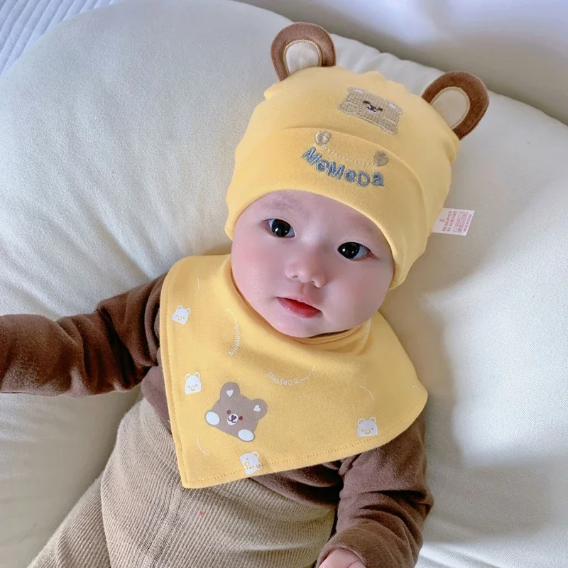 2pcs/Set Bear Baby Beanie Hat Scarf Set Cotton Newborn Hats for Girls Boys Baby Cap Cartoon Infant Toddler Bonnet Hats