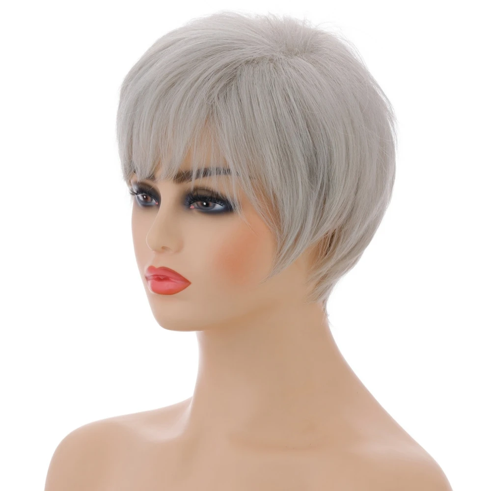 Short Synthetic Hair Silver White Straight Wave Wigs For Women Pixie Cut Natural Wig Old Lady Wig Granny Grey Blanche Daily Use