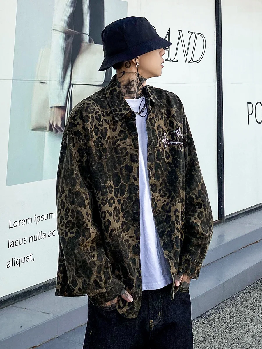 VE2 Street Retro Camouflage Leopard Print Men's Shirt Nightclub Fashionable Couple Outerwear Jacket Trendy Loose Fit Cotton