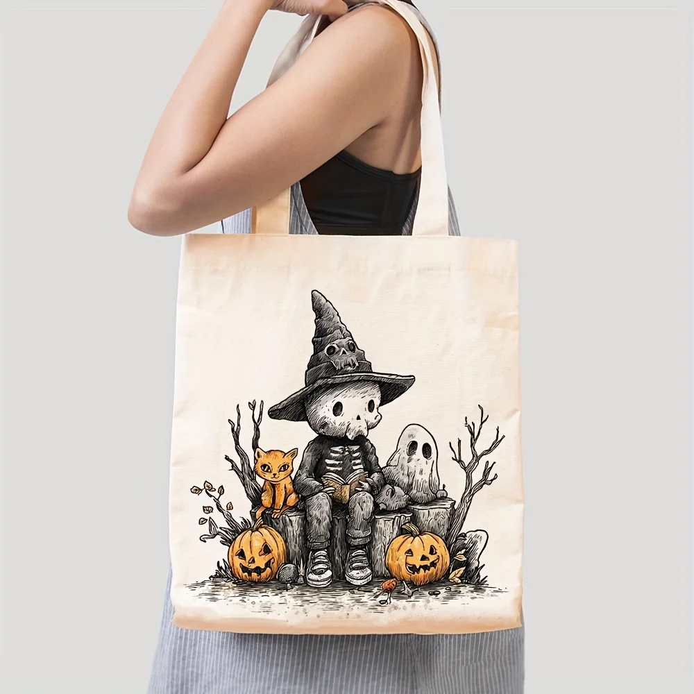 Spooky Halloween Skeleton Tote Bag Canvas Reusable Grocery Shopping Bag with Wide Base Stylish Rectangular Shoulder Bag