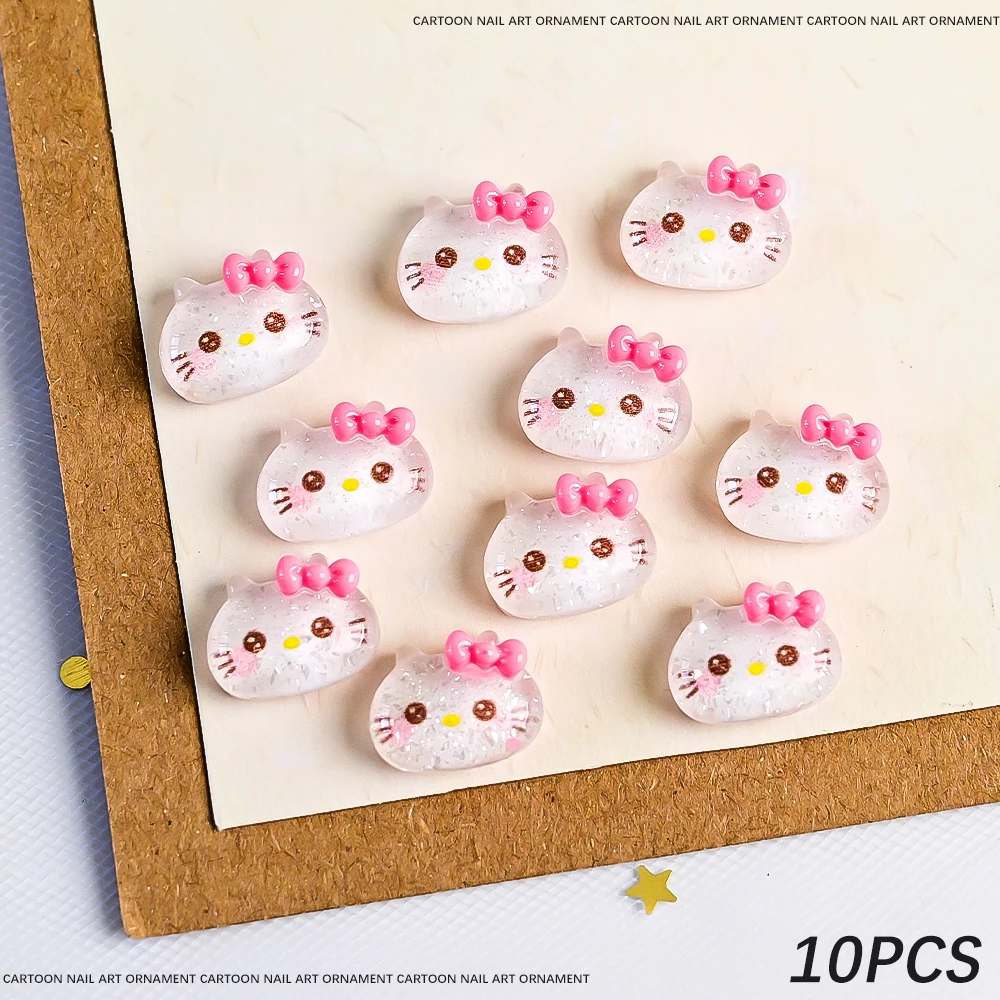 10 stuks Sanrio Sparkle Glitter Hello Kitty Nail Charms Ijs-Transparant Roze 10*11mm Kawaii Hello Kitty Nail Decor DIY Shiny Kitty