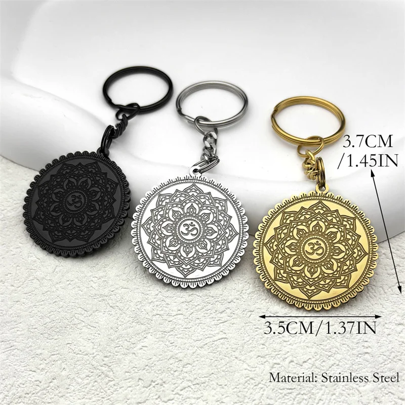 Buddhism Mandala Lotus Flower Yoga Pendant OM Key Chain Women Men Stainless Steel Religious Geometry Meditation Amulet Jewelry