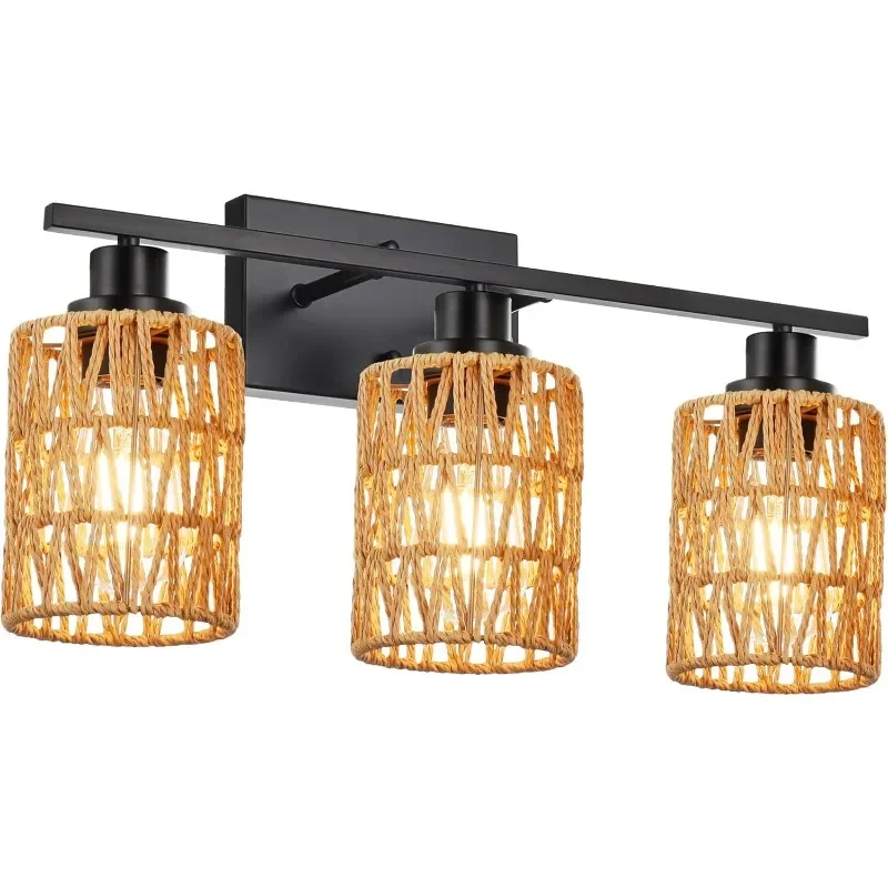 

3 Light Bathroom Vanity Light Rattan Wall Sconce 24 Inches Farmhouse Bathroom Light Fixtures with Rattan Lamp Shade