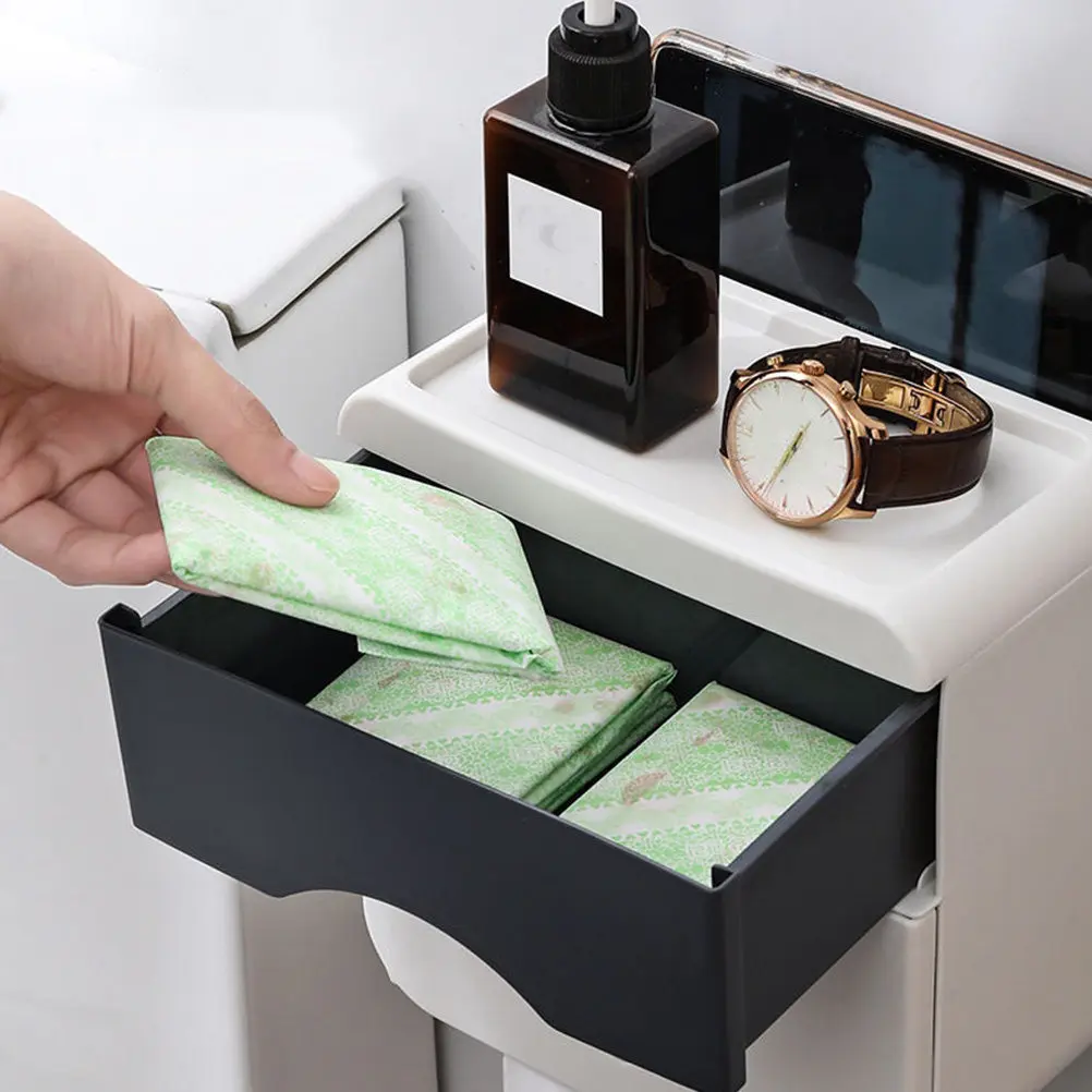 

Elegant Bathroom Tissue Box with Drawer ABS Material Strong Load Bearing No Punching Installation Paper Holder for Home Hotel