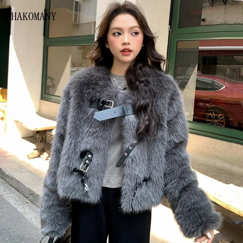 

Winter O Collar Fur Coat Belt Buttons Long sleeve Warm Shaggy Faux Fur Jacket Loose Coat Outerwear Black Dark gray