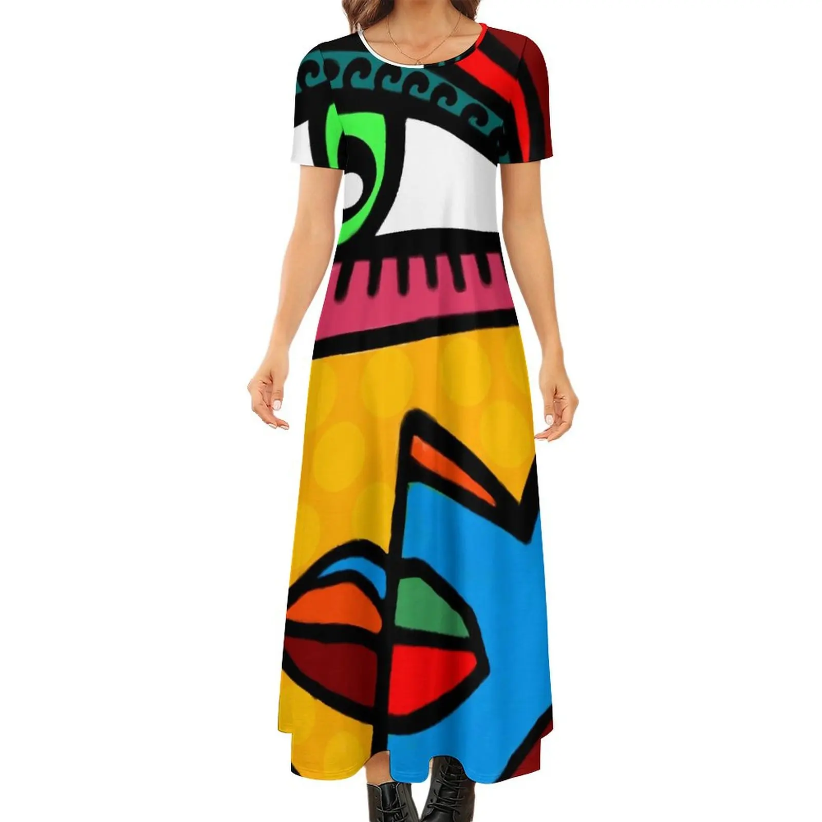 

Abstract Ladies Face Dress Funky Women Maxi Dress Short Sleeve Aesthetic Bohemia Long Dresses Female Graphic Oversized Vestido