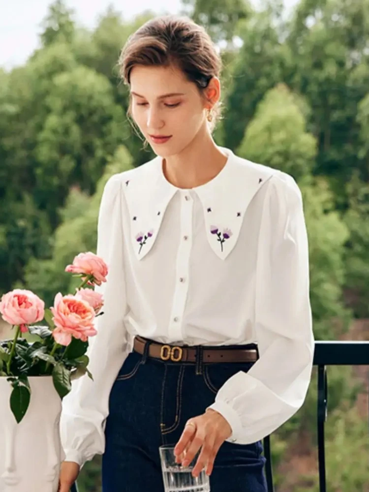 

OLrain Women White Chiffon Blouse 2025 Autumn French Casual Shirts Age-Reducing Embroidered Collar Puff Sleeve Top O22QX63198