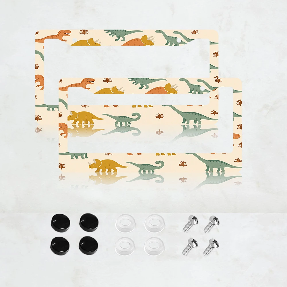 

2 шт. рамки для номерных знаков с 2 отверстиями и принтом динозавров, бежевые и разноцветные, алюминиевые, 6x12 дюймов, с винтами, забавные, мультяшные, для декора автомобиля