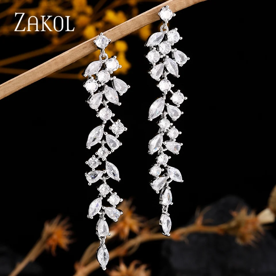 ZAKOL Fashion Cubic Zirconia Leaf Long Dangle Earrings for Women White Leaves Drop Earring Bridal Wedding Jewelry Gifts