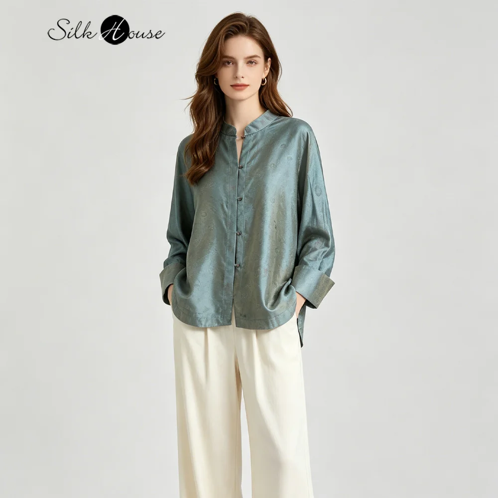 

2026 Women's Fashion Early Autumn New 100% Natural Mulberry Silk Fuguang Brocade Versatile Stand Collar Single Breasted Shirt