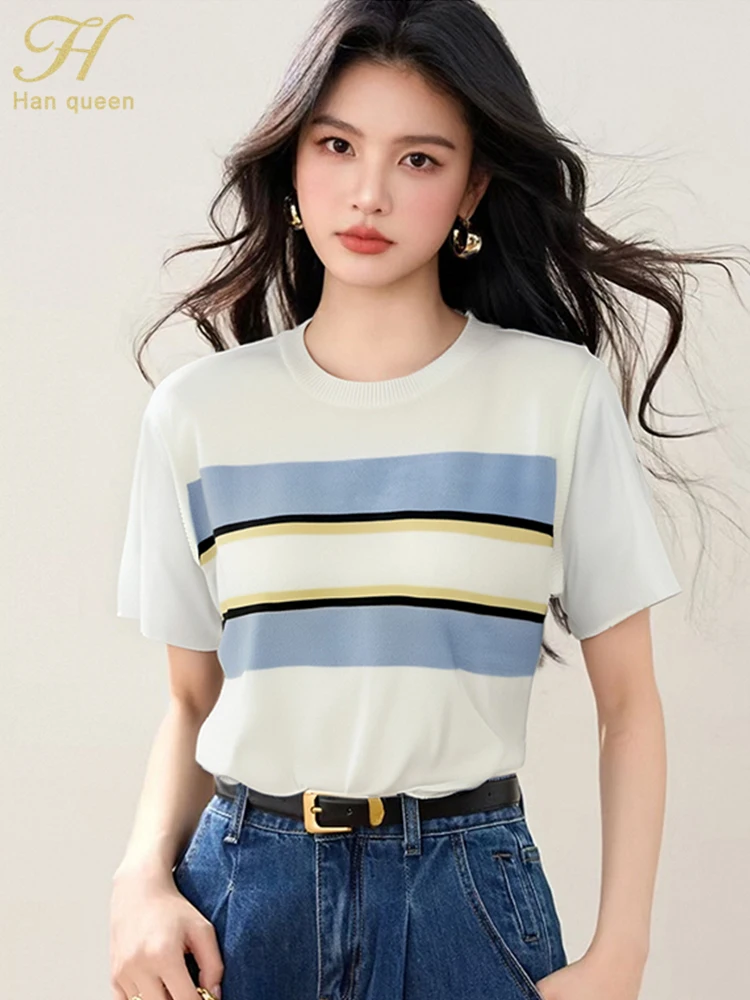 

H Han Queen 2025 Summer Stripes Korean Reviews Clothes Short Sleeve Pullover Vintage Work Casual Blouse Elegant Sweater Women