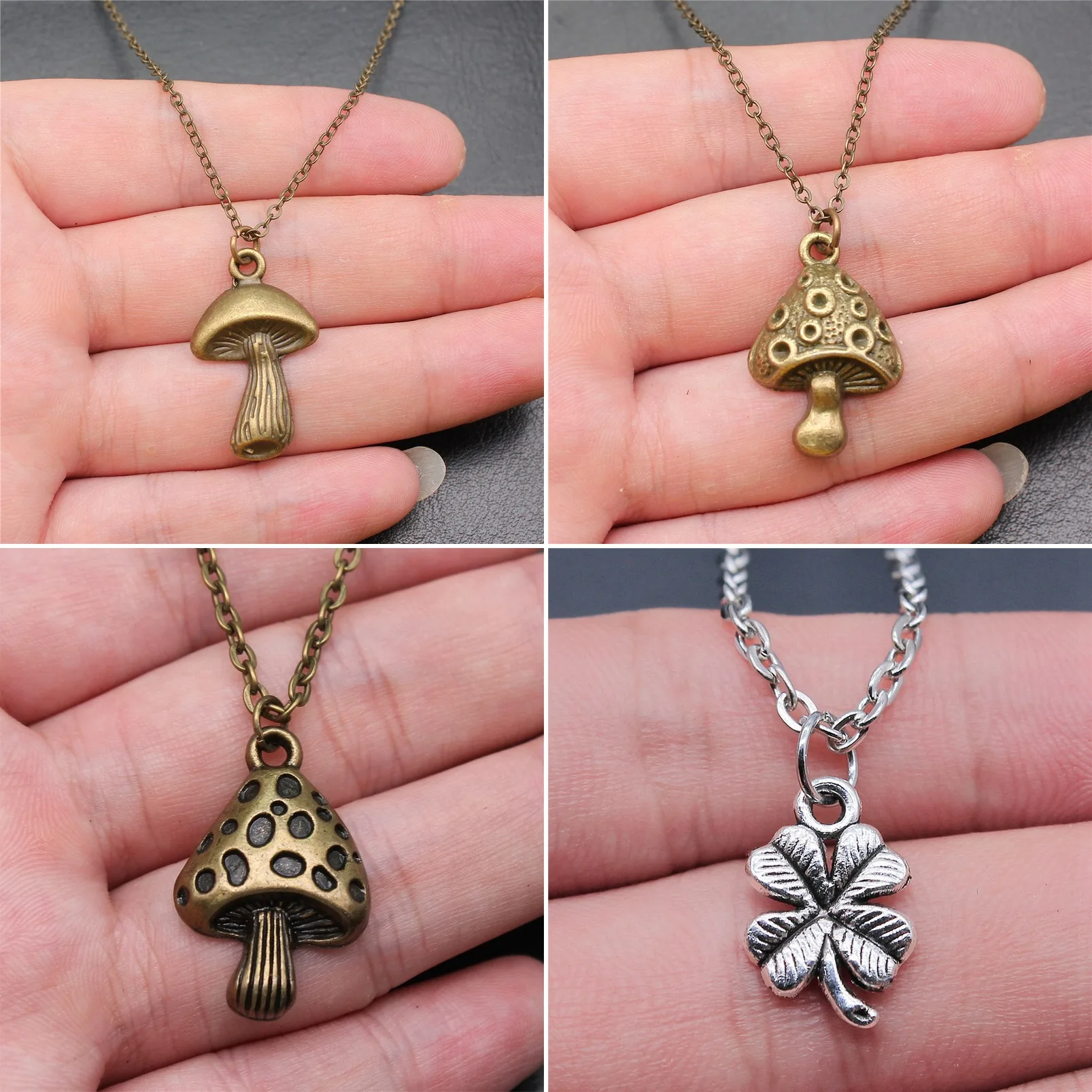 Boho Four Leaf Clover Mushroom Plant Boho Necklaces 43cm Chain Charm Necklace For Women Boho Vintage Jewelry Gift