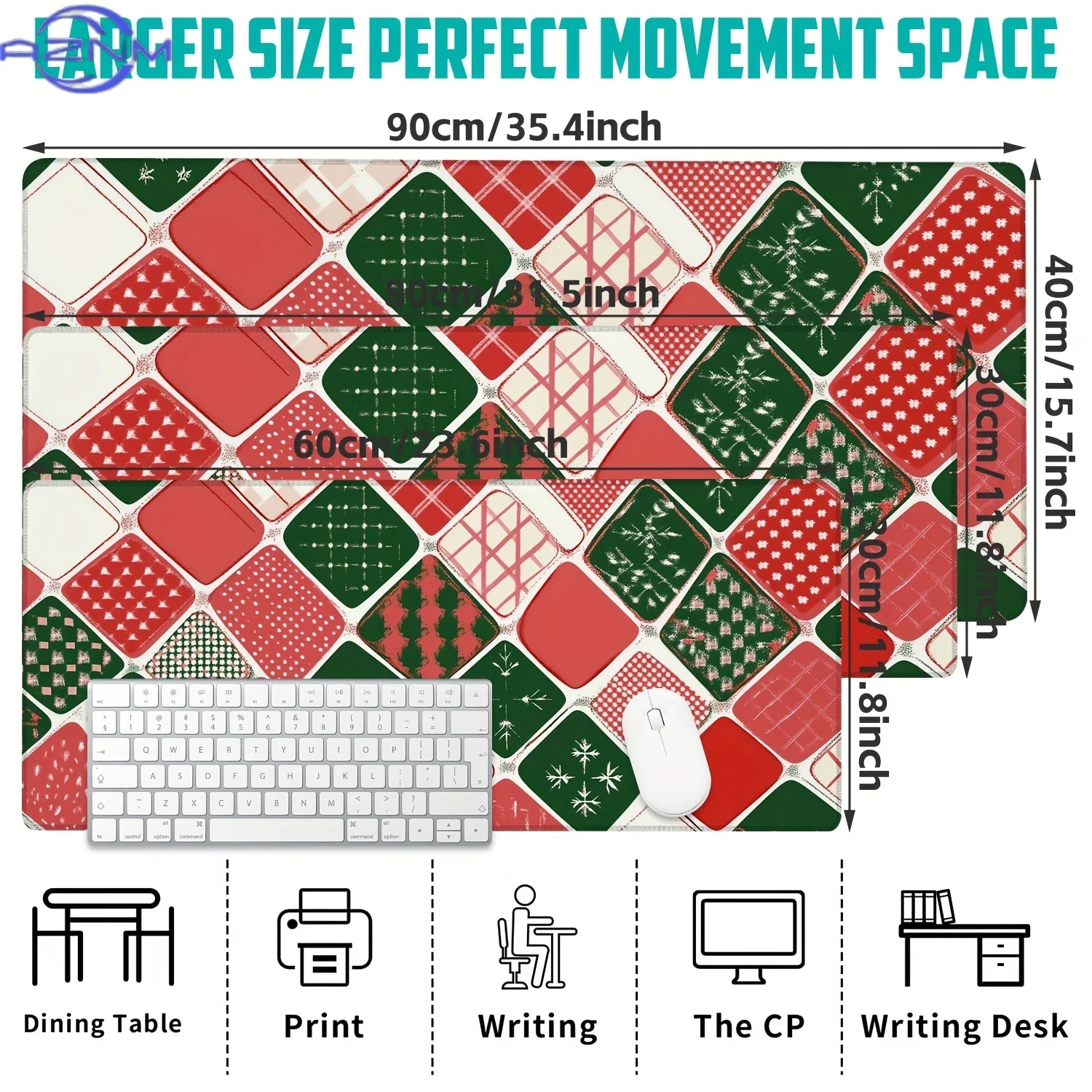 Large Christmas Quilt Pattern Mouse Pad - Non-Slip Rubber Desk Mat for Office, Gaming, and Home Use, Festive Red, Green, and Whi