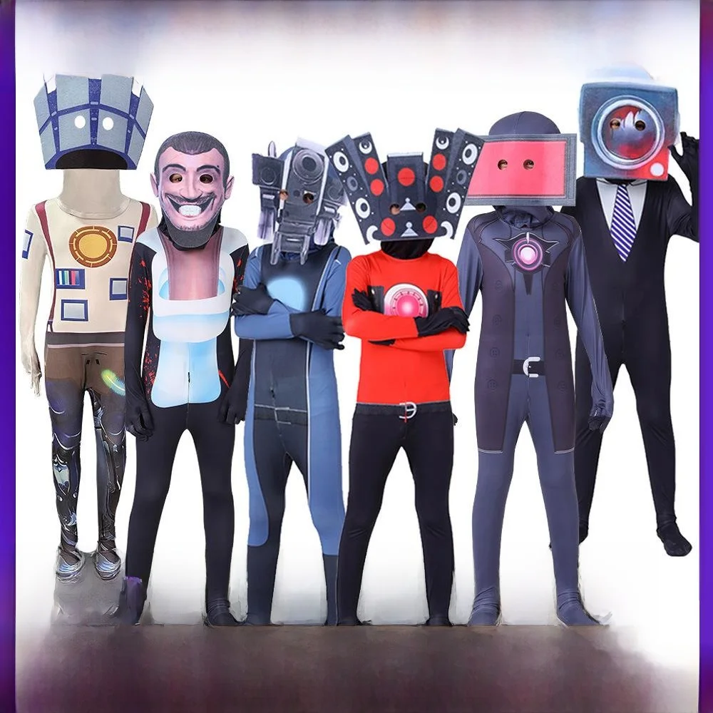 زي تنكري لهالوين على شكل سكيبيدي5، بدلة للأطفال على شكل رجل الشاشة ضد رجل المرحاض، زي ضيق قطعة واحدة للعروض المسرحية