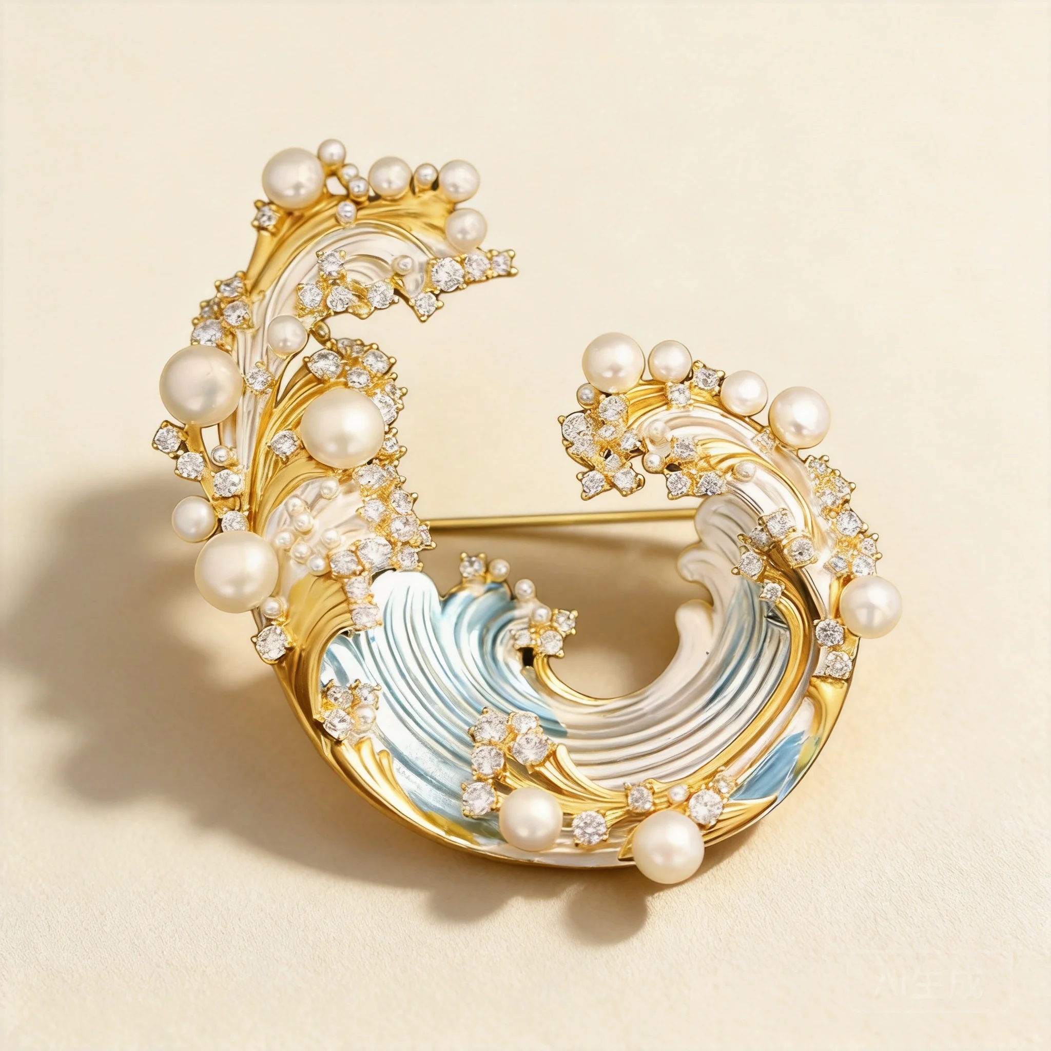 Chinese Style Lucky Blue Enamel Ocean Wave Brooch For Women Natural Freshwater Pearl Inlaid Rhinestone Gold Plated Good Fortune