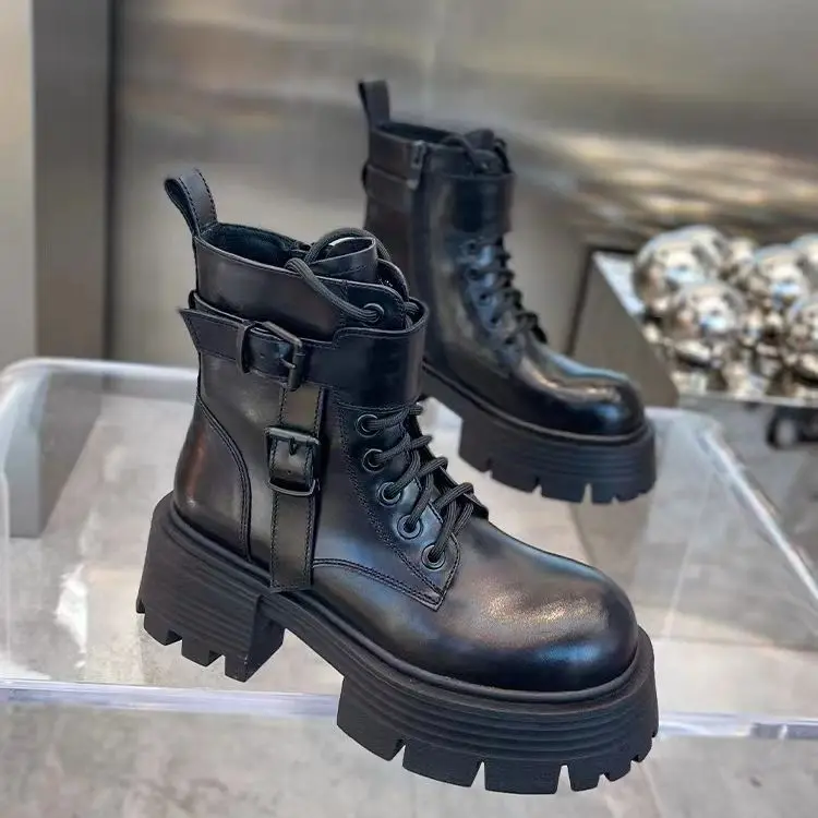 

Black Punk Ankle Thick-soled Motorcycle Ankle Boots Women's Lace-up Spring Thick Heel Belt Buckle Pocket Designer Chunky Shoes
