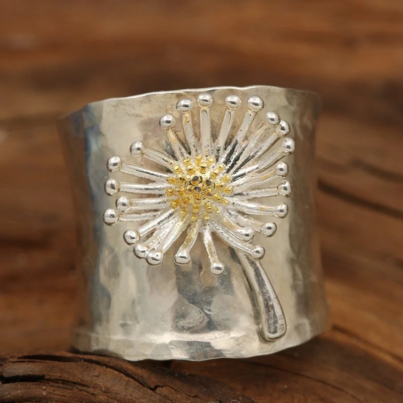 Vintage Engraving Dandelion Flower Wide Silver Color Ring for Womens Collection Antique Rings Fashion Jewelry Anillo De Mujer